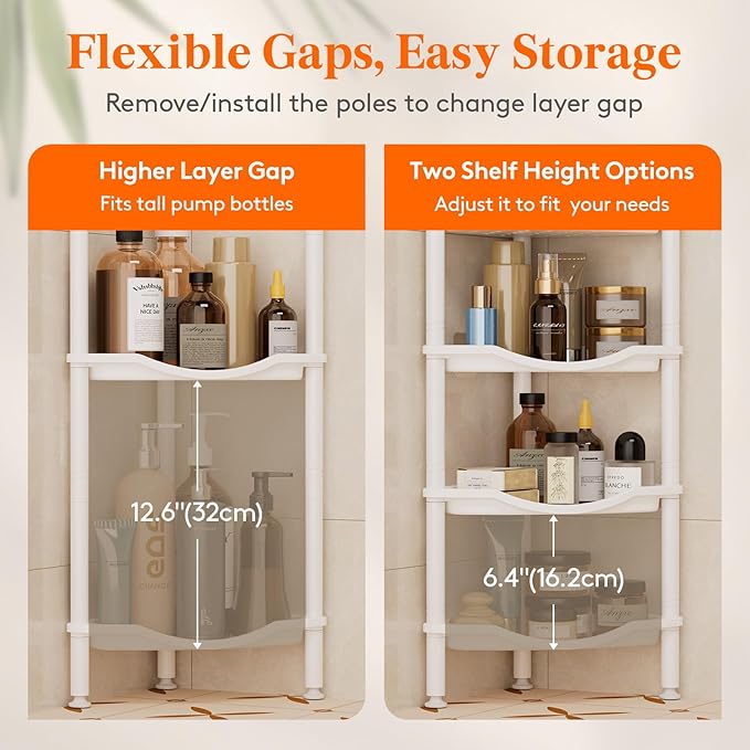 Lifewit Floor Standing Shower Caddy Corner, 4 Tier Plastic Shower Stand Rack with Adjustable Feet and Hooks, Rustproof Bathroom Shelf Organizer, White, 34 x 24 x 107 cm/13 x 9.5 x 42 inch