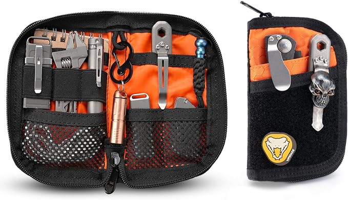 VIPERADE VE10 EDC Pouch Small Pocket Tool Pouch with 10 Compartments, Men's Pocket Organizer for Multitools, EDC Organizer with Patches Area for DIY (Black+Orange)