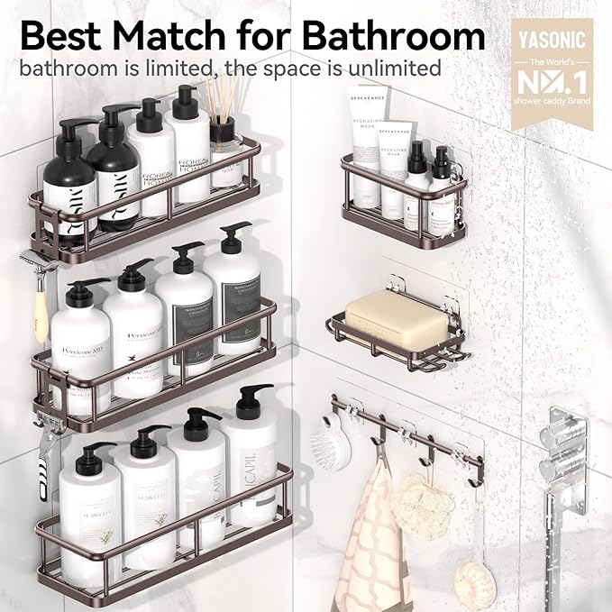 YASONIC Shower Caddy Adhesive, Rustproof Shower Organizer with Soap Holder, Large Capacity Shower Shelves for Inside Shower, No Drilling Bathroom Organizers and Storage for Home Decor（6 Pack Bronze）