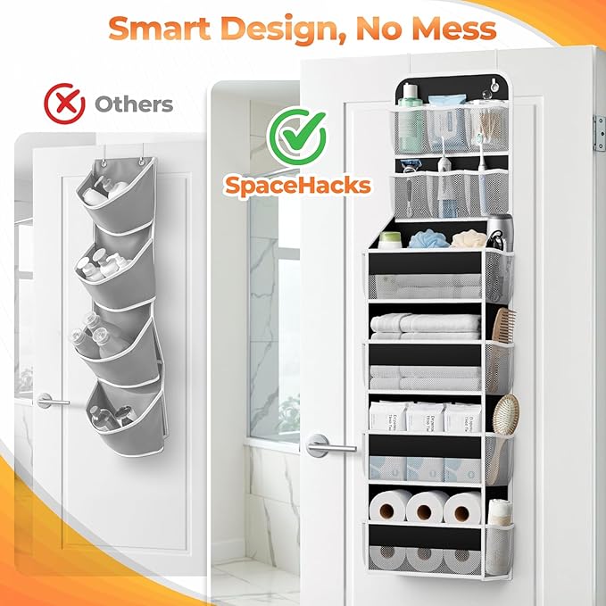 SpaceHacks 6-Tier Over the Door Organizer with Mesh Pockets, Baby Nursery Storage for Closet, Bathroom and Bedroom, Adjustable Hanging Closet Organizer for Cosmetics, Books and Essentials (Black)