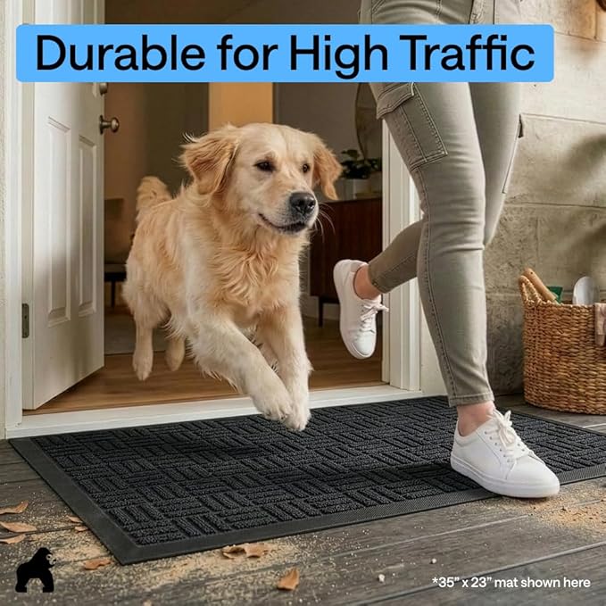 GORILLA GRIP 100% Waterproof All-Season WeatherMAX Doormat, 60x24, US Designed Natural Rubber, Stain and Fade Resistant, Low Profile Indoor Outdoor Door Mats, Easy Clean Patio Mat, Midnight Maze