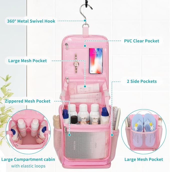 Mesh Shower Caddy Portable, Toiletry Bags for Travel, Hanging Shower Organizer Tote Bag for College Dorm Students Girls Boys, Dry and Wet Separation with Metal Hook - Pink