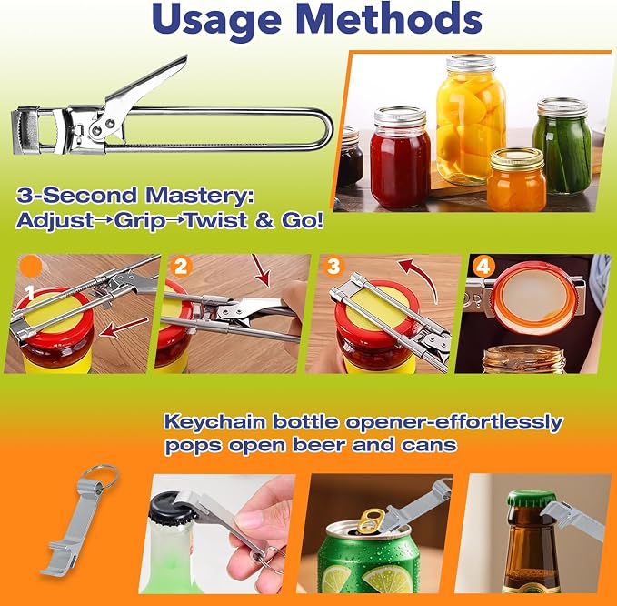 3-Pack Adjustable Stainless Steel Jar Opener - Multifunctional Jar Opener for Weak Hands, Seniors with Arthritis - Includes Keychain Opener - Opens Jars, Bottles, Containers Easily，Kitchen Accessories