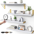 BAYKA Wall Shelves for Bedroom Decor, Floating Wall Shelf for Living Room Kitchen Storage, Mounted Rustic Wood Shelves for Kids Books, Corner Shelf for Bathroom(White and Gold，23in，Set of 4)