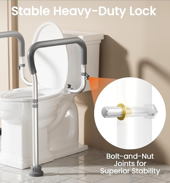 HOMLAND Toilet Safety Rail for Seniors with Adjustable Height & Width, Toilet Safety Frame with Handles, 350LB Aluminum Toilet Support Rail for Handicap and Disabled, Grey