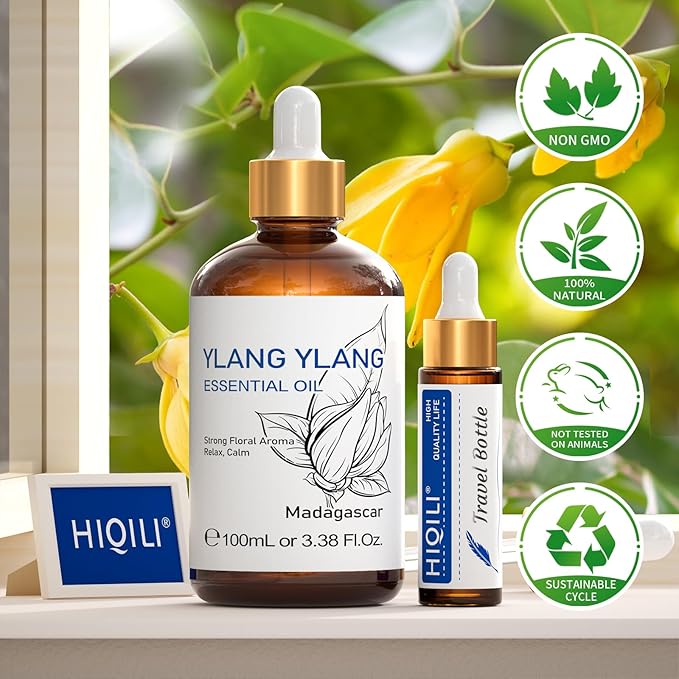 HIQILI Ylang-Ylang Essential Oil, Long-Lasting Scent for Diffuser, Perfumes, Aromatherapy, DIY - 3.38 Fl Oz