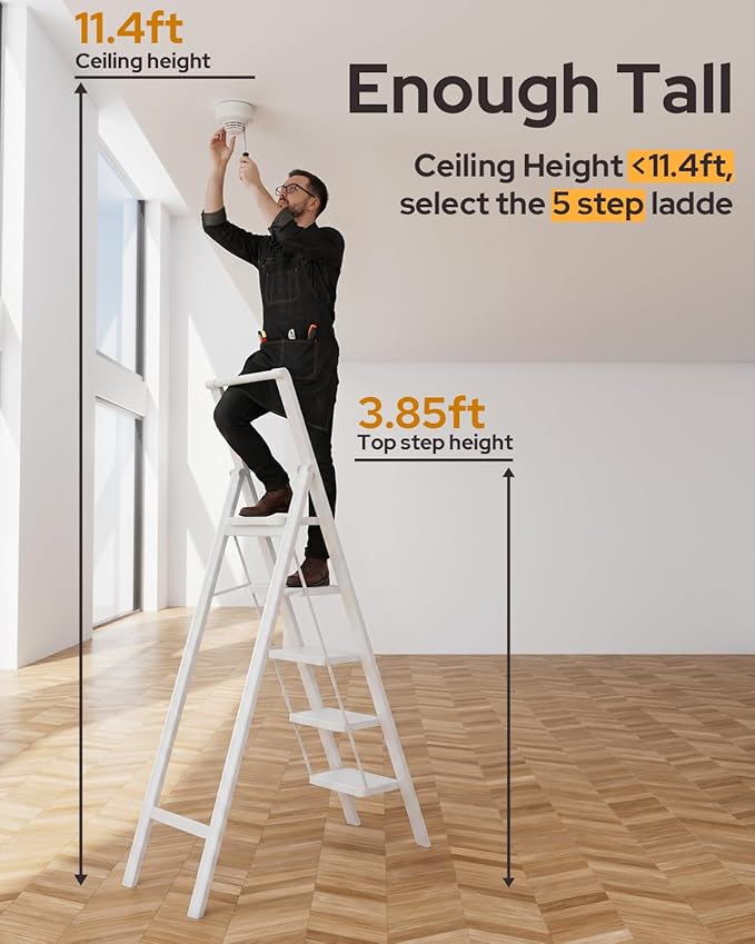 5 Step Ladder for 10 Feet High Ceiling, Folding Step Stool Stepladders with Anti-Slip and Wide Pedal for Home and Kitchen Use Space Saving (White)