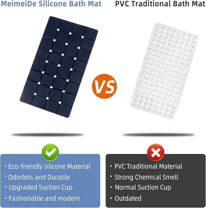 Silicone Bathtub Mat 15" x 28" – Non-Slip Foldable Tub Mat with Strong Suction Cups & Large Drain Holes, Durable & Eco-Friendly, for Smooth Surfaces, Ideal for Seniors, Adults, Navy
