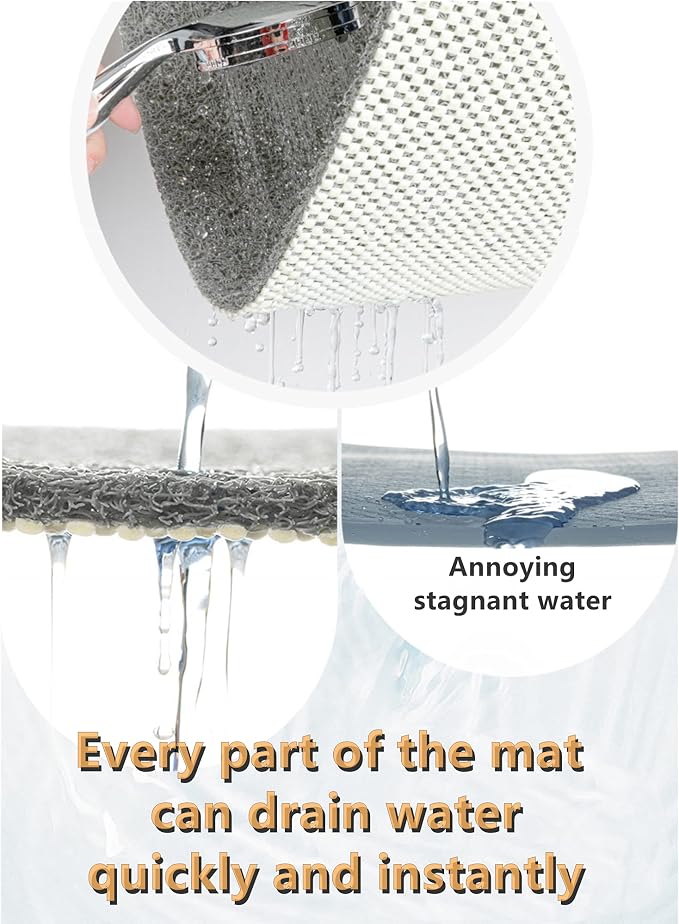 Anti Slip Shower Mat, Soft Textured Bath Mat, Easy Drain Non Slip Comfort Bathtub Mats, Quick Drying PVC Loofah Bathroom Mats, Phthalate Free (15.5" × 23.5", Grey)