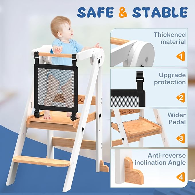 Foldable Toddler Tower, Toddler Kitchen Stool Helper with Safety Net, Wooden Kitchen Step Stool for Toddlers with Adjustable Height, Standing Tower for Learning and Cooking(White)