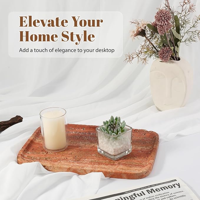 Koville Red Travertine Tray, 12"x8" Natural Stone Vanity Tray for Countertop Bathroom Kitchen Dresser, Decorative Marble Catchall Trays for Perfume Jewelry, Rectangular Serving Tray