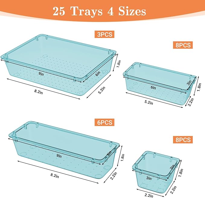 SpaceHacks 25 PCS Plastic Drawer Organizer Set, 4-Size Versatile Organizer Trays & storage Bins for Makeup, Jewelry, and Gadgets in Bathroom, Bedroom and Office, Sea Blue