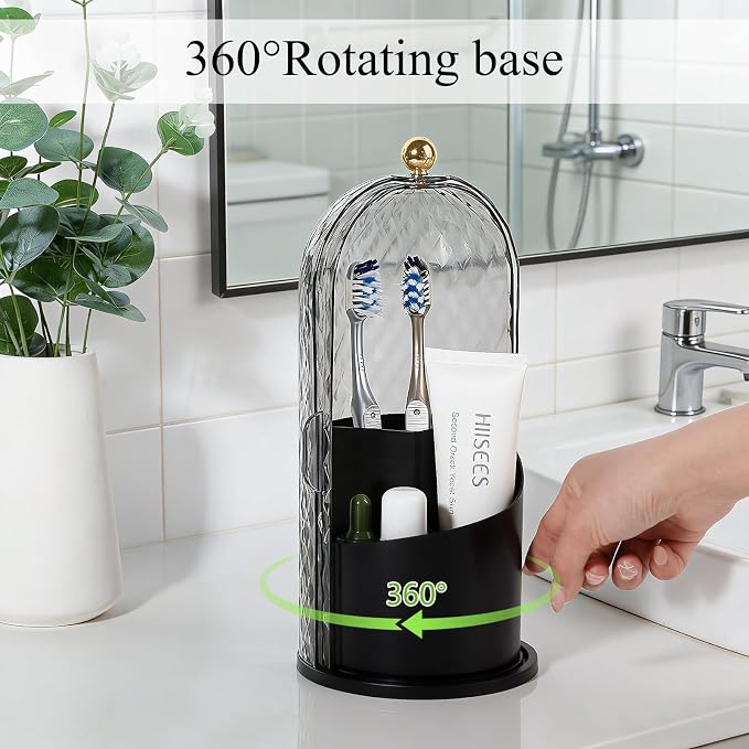 Toothbrush Holder with Cover for Bathroom Countertop, Rotating Organizer for Electric Tooth Brush and Toothpaste, 3-Slot Makeup Brush Storage, Self-Draining Vanity Counter Organizer, Black
