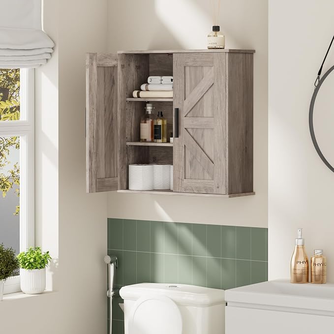 Homleke Bathroom Wall Cabinet, Over Toilet Storage Cabinet with Barn Doors and Adjustable Shelves, 3-Tier Medicine Cabinet Wall Mounted, for Bathroom, Kitchen, Entryway, Laundry Room, Greige, (7.9" D)