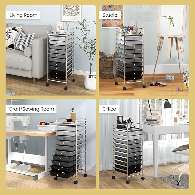 10-Drawer Rolling Storage Cart, Trolley w/Lockable 360° Wheels, 10 Removable PP Drawers, Sturdy Metal Frame, Rolling Utility Cart Perfect for Home, Office, Classroom (Mixed Black)