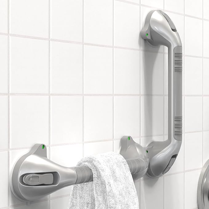 17“ Suction Shower Grab Bar with Indicators, Tool-Free Installation, Steady Handle for Balance Assist for Bathtub, Toilet, Bathroom, Dual Tone, Silver/Gray 2-Pack