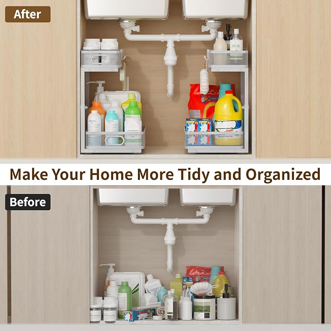 Under Sink Organizer 2 Pack, 2-Tier Slide Out Cabinet Organizer with Metal Sliding Drawer and Hooks, Pull Out Storage Baskets for Kitchen Bathroom Pantry Cabinet Organization (grey)