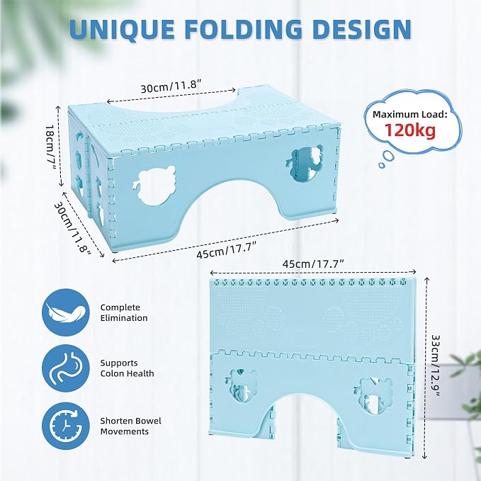 7inches Foldable Toilet Stool (Blue), Healthy Bathroom Squatting Posture Poop Stool with Anti-Slip Feet, A Good Helper to Effective Relief of Constipation, Easy to Storage Toilet Squat Stool