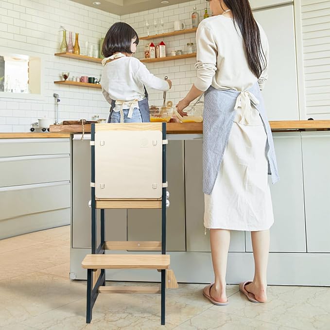 Kitchen Step Stool for Toddlers with Non-Slip Mat, WOOD CITY Wooden Kids Montessori Learning Stool Tower, Toddler Standing Tower Helper for Kitchen Counter and Bathroom Sink (Deep-Blue-Adjustable)