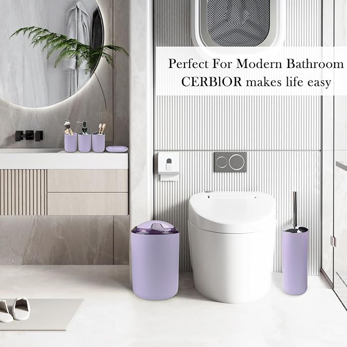 CERBIOR Bathroom Accessories Set 6 Piece Bath Ensemble Includes Soap Dispenser, Toothbrush Holder, Toothbrush Cup, Soap Dish for Decorative Countertop and Housewarming Gift (Purple)
