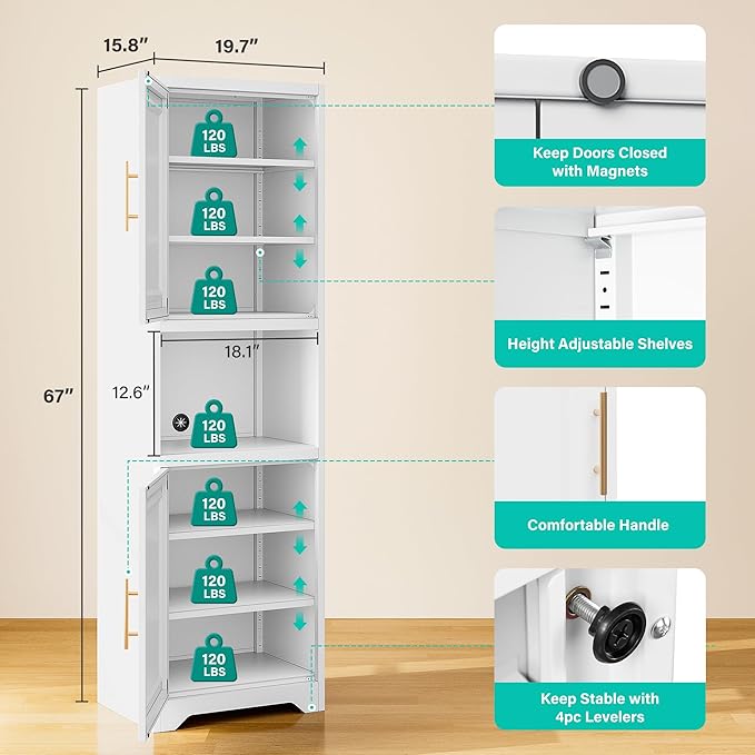 SISESOL 67" Tall Narrow Storage Cabinet with 2 Door and 7 Shelves,Slim Kitchen Pantry Cabinet,White Metal Bathroom Cabinets,Large Cupboard for Home,Kitchen,Laundry,Bathroom