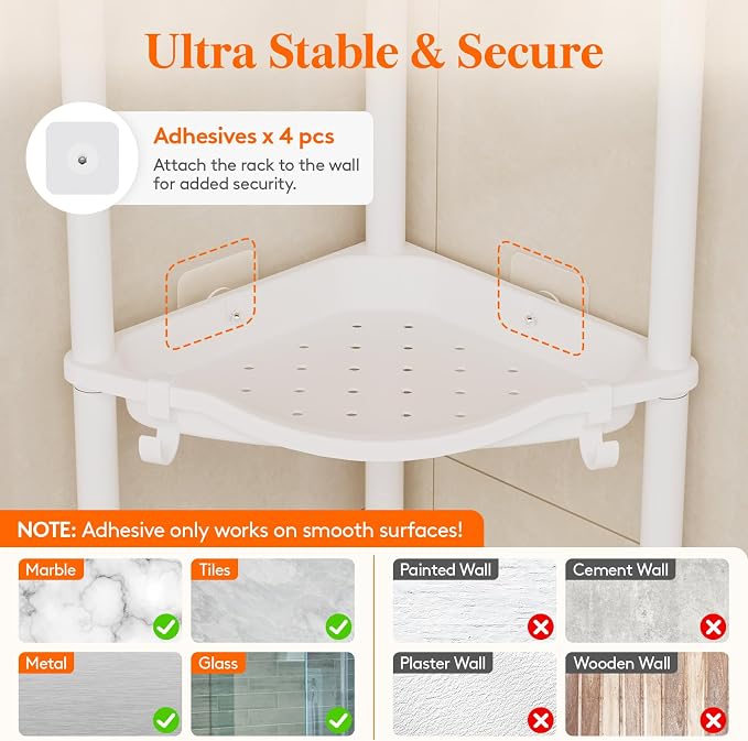 Lifewit Floor Standing Shower Caddy Corner, 4 Tier Plastic Shower Stand Rack with Adjustable Feet and Hooks, Rustproof Bathroom Shelf Organizer, White, 34 x 24 x 107 cm/13 x 9.5 x 42 inch