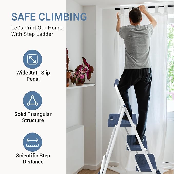 DUMOS Step Ladder, 3 Sturdy Step Stool with Anti-Slip Pedal & Comfortable Handrail, Portable Heavy Duty Step Stool for Kitchen, Garage & Outdoor Use, 800lbs, Calm Blue