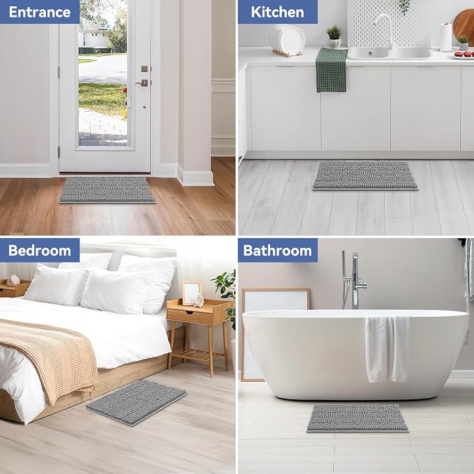 Bcoimo 24"×17" Chenille Bath Mat – Non-Slip with Backing Bath Rug Ultra-Absorbent and Machine Washable Bathroom Mat Quick-Dry Design. Ideal for Bathroom and Tub Areas