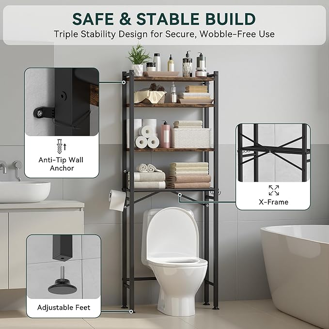 GloTika 4-Tier Over The Toilet Storage with Paper Holder and 4 Hooks - Metal Over Toilet Bathroom Organizer Shelf, Freestanding Bathroom Cabinet for Laundry/Living Room (69.3" H, Black Brown)