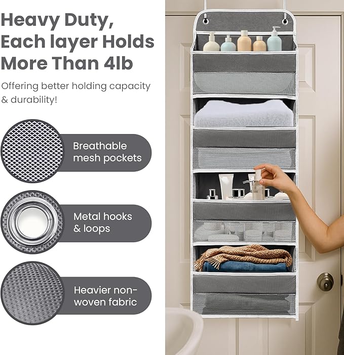 Over The Door Organizer with LifetimeWarranty, 4 Shelves & 4 Side Pockets, Large Storage Rack Holds 44lb, Heavy-Duty Reinforced Mesh Shelf for Bathroom, Closet, Toy Organization, Shoes, Towels, Grey