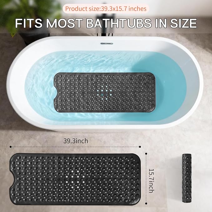 Anti-Slip Bathtub Shower mat, 40×16 inch（ 100 × 40cm） Soft Oversized Machine Washable Non-Slip Bathtub mat with Drainage Holes, Bathroom Floor Suction Cup.（1-Opaque Black）