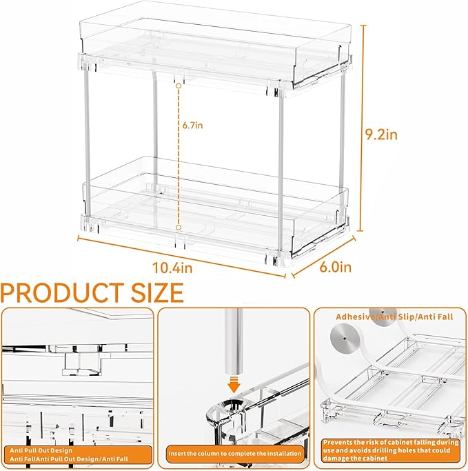 Yieach 4 Set Bathroom Organizers and Storage,2 Tier Clear Under Sink Organizer and Medicine Cabinet Organizer for Kitchen,Pantry Storage,Pull Out Drawers for Skincare,Pill Bottle,Spice Organization