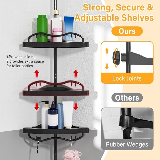 Black Corner Shower Caddy Tension Pole - Heavy Duty Rustproof Stainless Steel Shower Organizer with 4 Adjustable Shelves, No-Drill Free Standing for Bathroom, Bathtub, RV,54" to 114" Tall