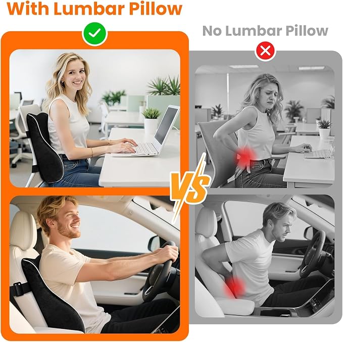 CloudBliss Ergonomic Lumbar Support Pillow – Memory Foam for Lower Back Pain Relief, Adjustable Straps & Mesh Cover for Office, Gaming, Car Seat & Home Essentials (XL, Black)