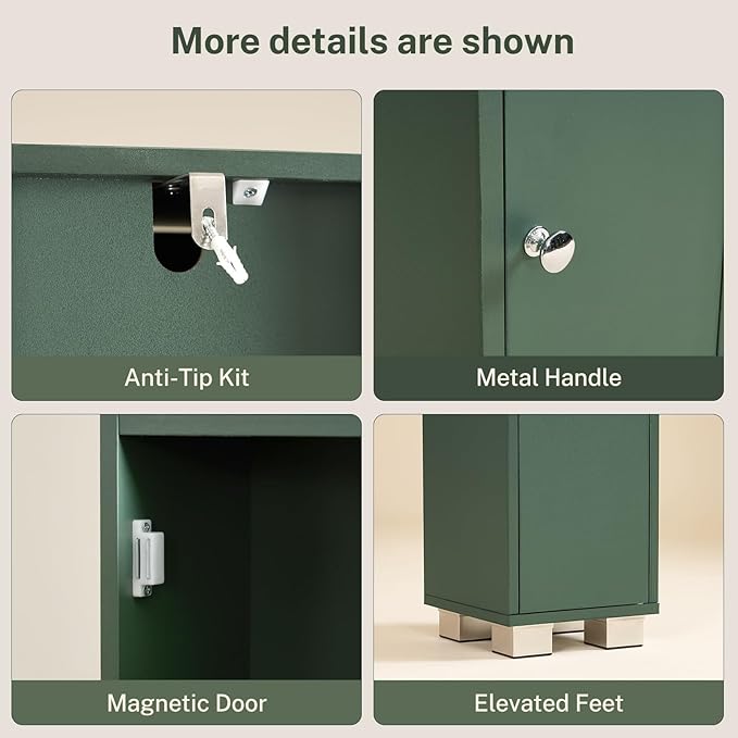 TEENFON Bathroom Cabinet, Narrow Bathroom Storage Cabinet with 5 Adjustable Shelves & Drawer, Freestanding Cupboard for Small Spaces, Green