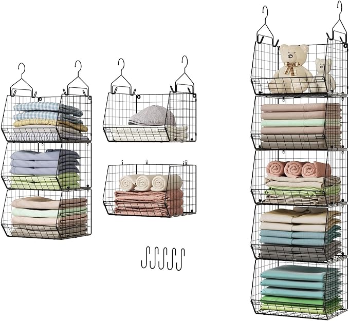 5 Tier Closet Hanging Organizer, Clothes Hanging Shelves with 4 Hanging Hooks 5 S Hooks, Wire Storage Basket Bins, for Clothing Sweaters Shoes Handbags Clutches Accessories Patent Design