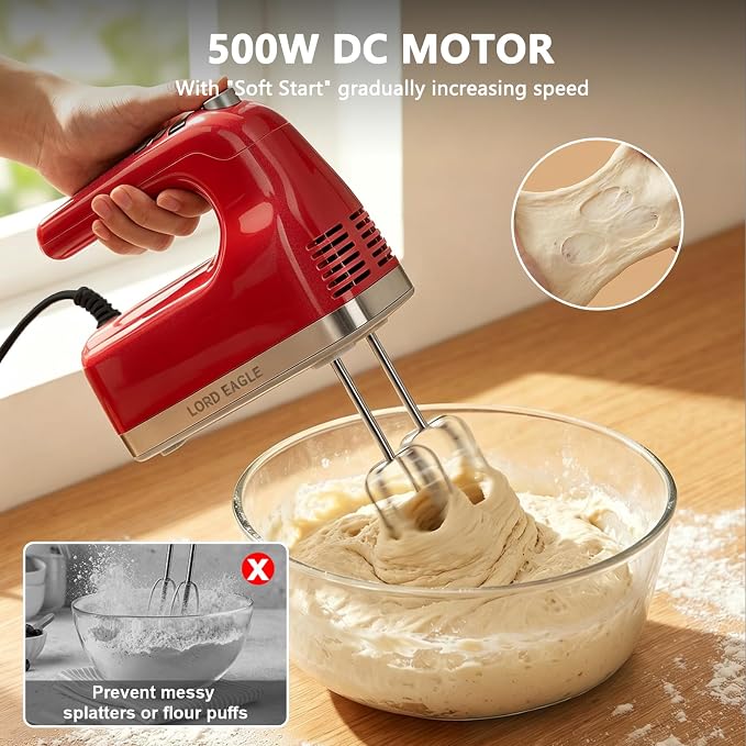 Lord Eagle 9-Speed Digital Hand Mixer Electric Handheld, 500W DC Motor Kitchen Mixer for Cake Baking, Lightweight Egg Beaters with Stain-resistant & Waterproof Storage Bag & 6 Accessories, Red