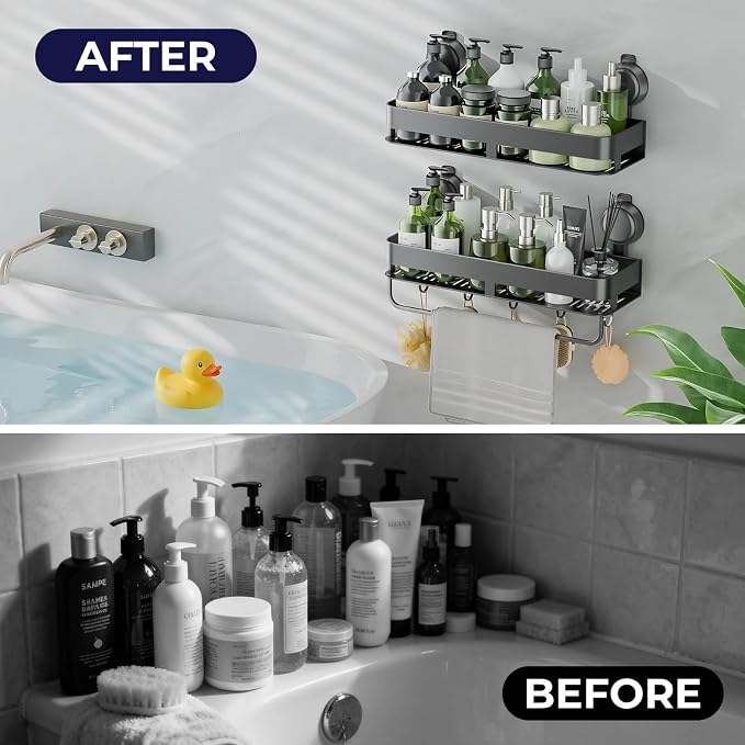 Shower Caddy Suction Cup,2 Pack Extra-strong Suction Shower Shelves,No Drilling Rustproof Organizer for Bathroom,Kitchen,Home Decor,Reusable Bathroom Storage with Large Capacity(11.8 inch)