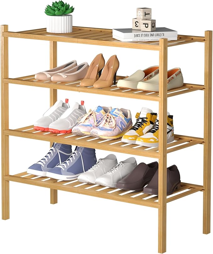 ROMGUAR CRAFT 4 Tier Bamboo Shoe Rack for Closet Free Standing Wood Shoe Shelf for Entryway Small Space Stackable 27"x11"x26" (Natural)