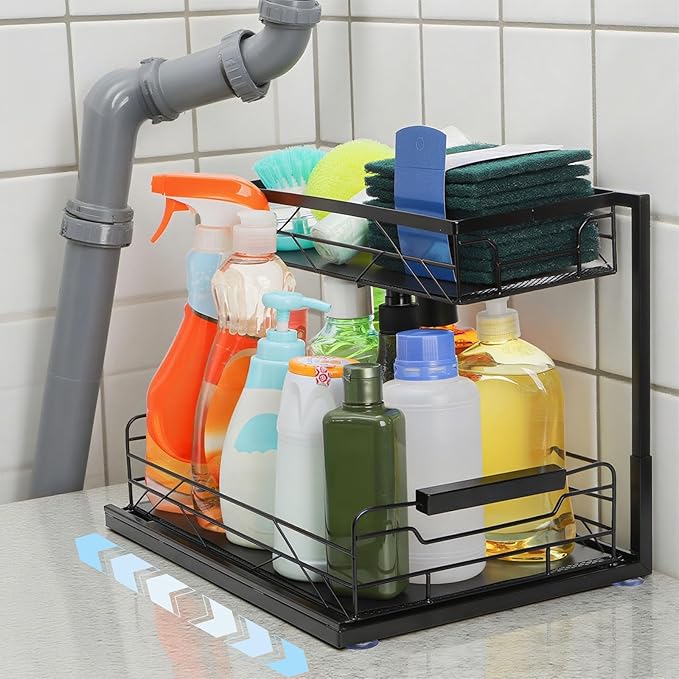 Pull Out Under Sink Organizer, 2 Tier Under Sink Storage with Suction Cups, PVC Mat, Sliding Drawer, Metal Cleaning Supplies Shelf Cabinet Organizer for Kitchen, Laundry, Pantry, Bathroom