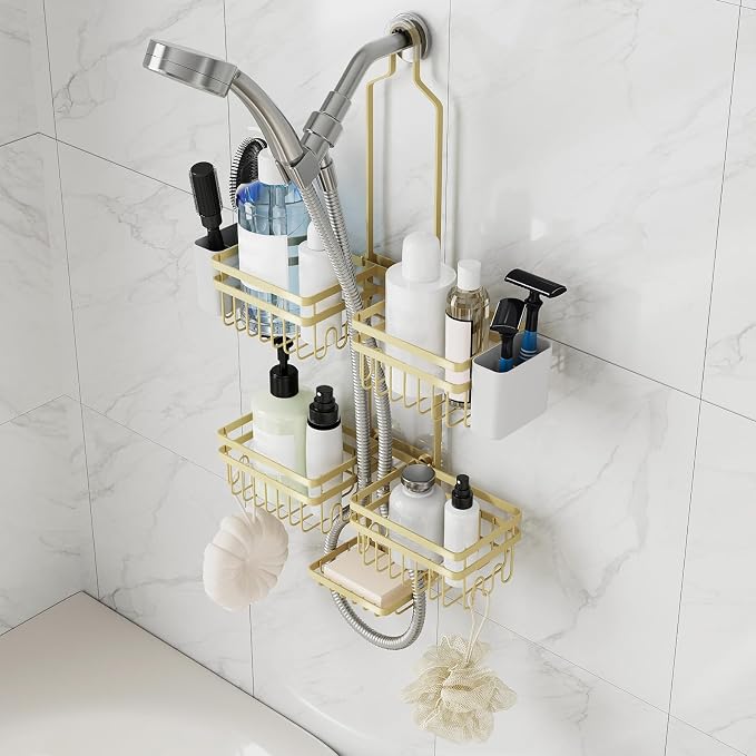 Shower Caddy Hanging for Bathroom Organizers and Storage - 3-Tier Adjustable Anti-Swing Shower Organizer Hanging with Heavy-Duty Suction Cups, Damage-Free Rustproof (Gold)