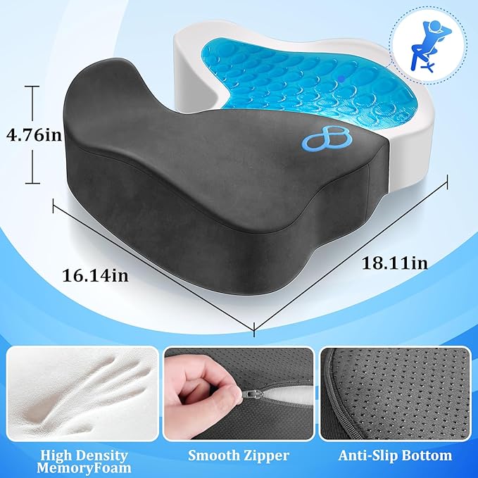 CushyOasis Seat Cushion, Gel Chair Cushions, Office Chair Cushions, Anti-Slip Bottom & Removable Cover Tailbone Pain Relief Cushion, Memory Foam Seat Cushion for Office, Wheelchair, Car (Grey)