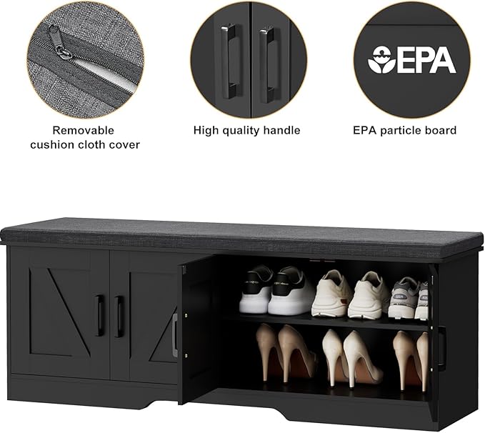 HOMSHO 2-Tier Storage Bench, 47.2" Wide Shoe Bench with Padded Seat Cushion, Entryway Bench with 4 Barn Doors and Adjustable Shelf, Black