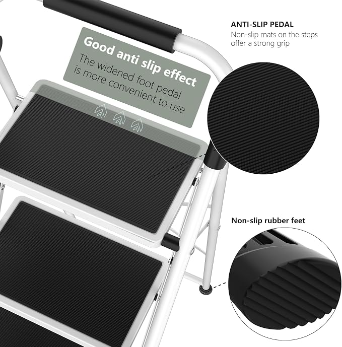 Simple Deluxe 3 Step Ladder, Step Stool Foldable, 800lbs Portable Ladder with Wide Anti-Slip Pedal, Step Stool for Adults, Lightweight Step Ladder for Home Kitchen and Outdoor, Black&White