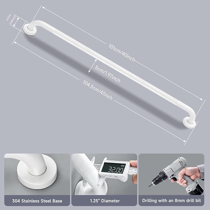 40 Inch Shower Grab Bar 1.25" Dia, 2 Pack White Anti Slip Bathroom Grab Bar, 304 Stainless Steel Knurled Handicap Grab Bars, Safety Support Handrail,Bath Shower Handle for Elderly Injury Senior
