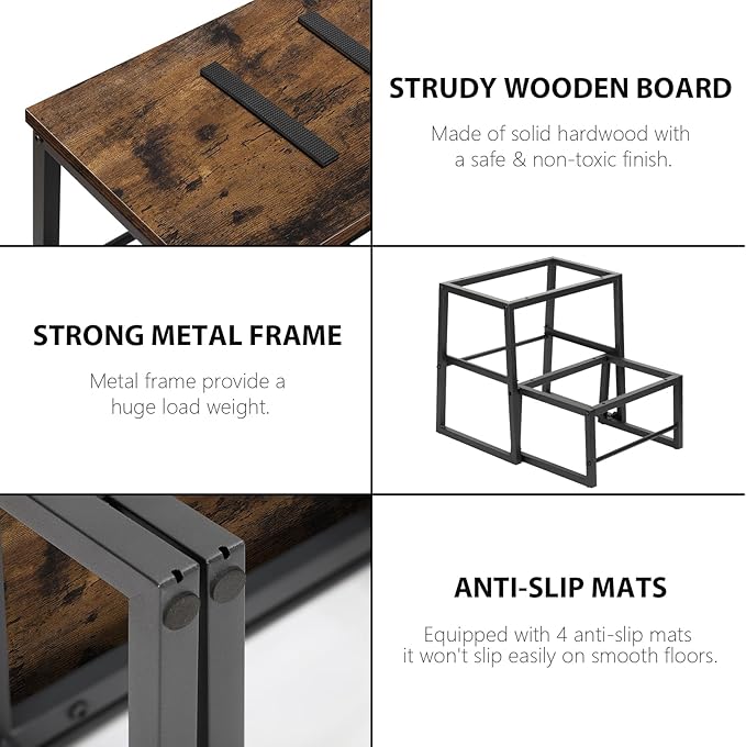LIANTRAL 2 Step Stools for Adults & Kids, Heavy Duty 2-in-1 Stepping Stools Adjustable Retractable Wooden Stool, Metal Frame, Non-Slip Bedside Foot Stool, for Bed, Kitchen, RV Step - Rustic Brown