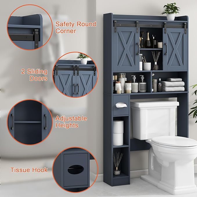 Vabches Over The Toilet Storage Cabinet, Farmhouse Storage Cabinet Over Toilet with Sliding Doors，Home Space-Saving Toilet Rack, for Bathroom, Restroom, Laundry