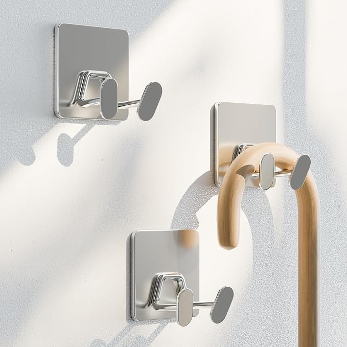 Adhesive Shower Hooks for Inside - Extra Sticky Stainless, Razor Holder Shower Accessories, Wall Mounted Self-Adhesive Double Hooks for Razor, Loofah, Towel, Shaver, Coat, Key, Silver, 4-Pack