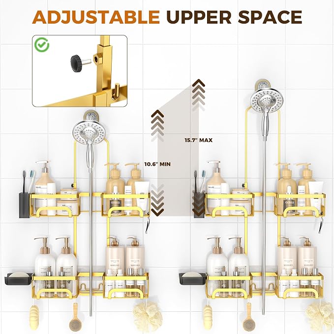 REINHARDT Shower Caddy Hanging for Handheld Showerheads Adjustable Split Shower Caddy, Rustproof Shower Organizer with Hooks for Razors Over the Head Caddy with Soap Holder Bathroom Accessories, Gold
