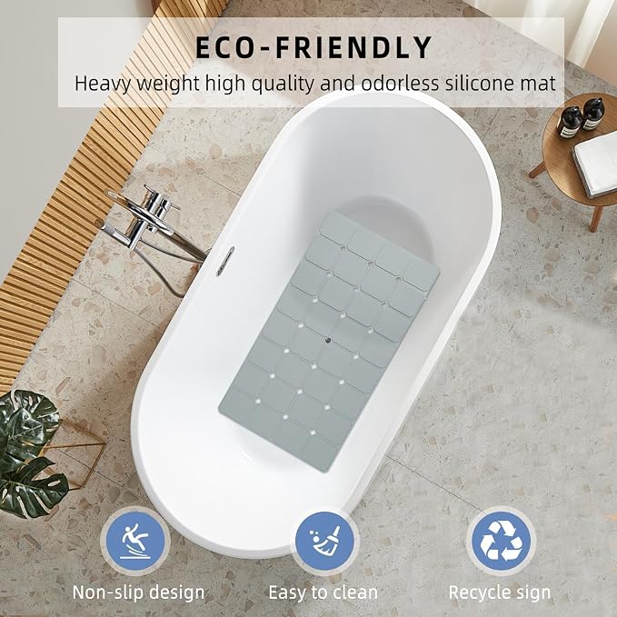 Bathtub Mat Non Slip 15" x 28" Silicone Foldable Tub Mat with Strong Suction Cups & Large Drain Holes, Durable & Eco-Friendly, for Smooth Surfaces, Ideal for Seniors, Adults Grey